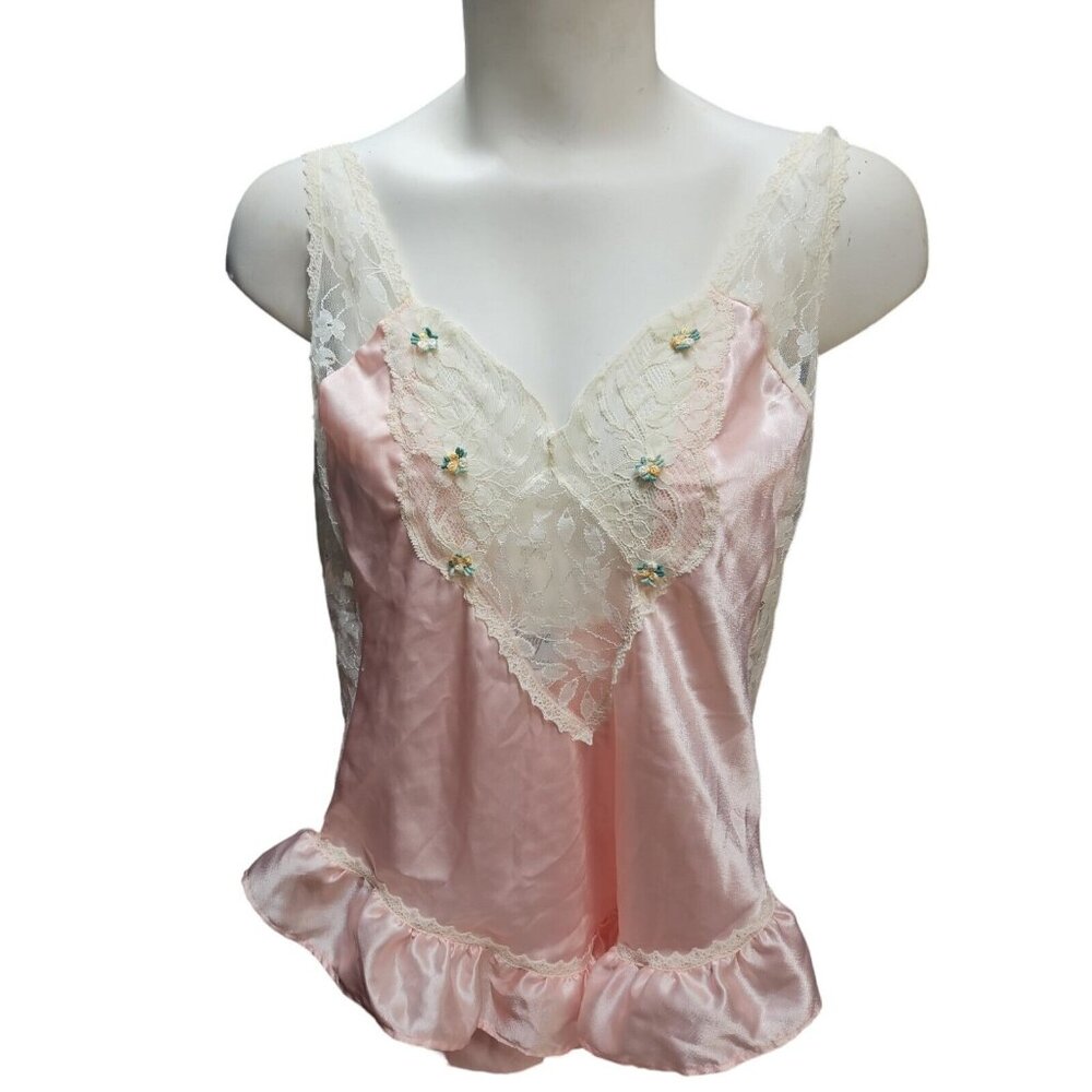 Vintage Samye Teddy Womens Medium Pink Satin Lace USA  Lingerie Nylon Teddies